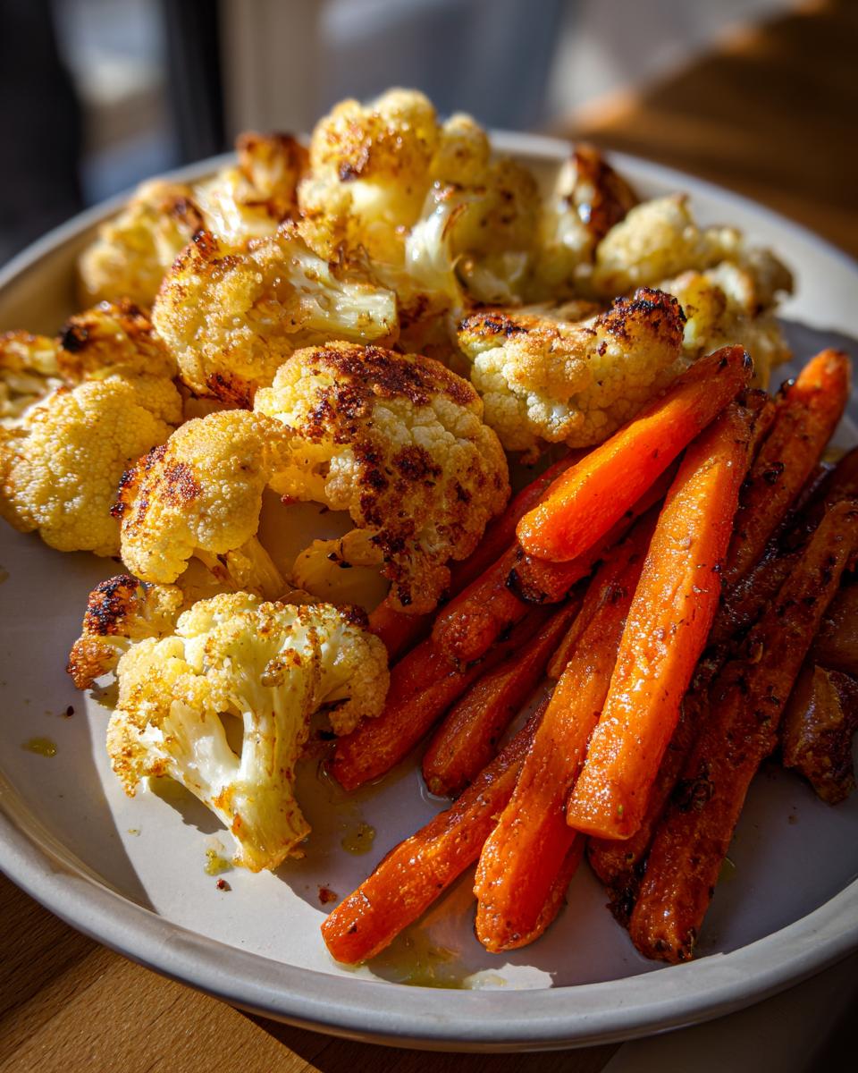 Plate of perfectly roasted cauliflower and carrots with golden brown edges.