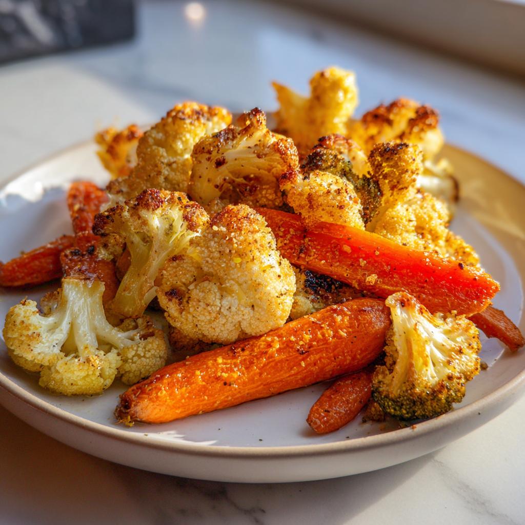 Plate of perfectly roasted cauliflower and carrots with golden brown edges and seasoning.