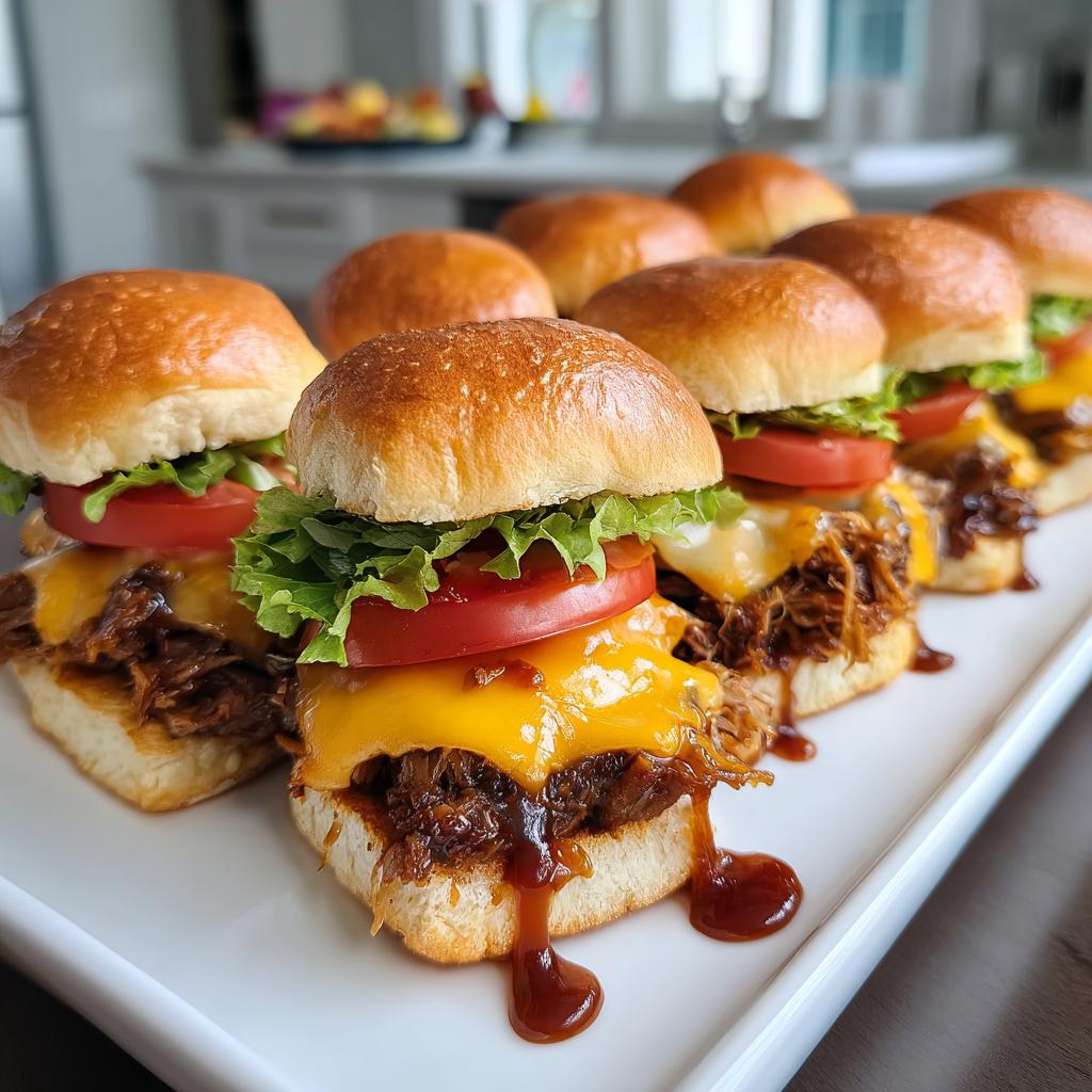 Row of pulled beef sliders topped with melted cheese, lettuce, tomato, and barbecue sauce on a white platter.