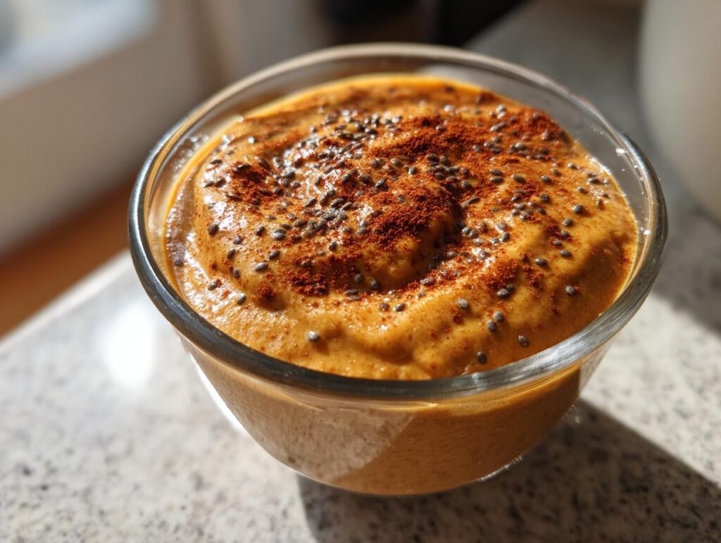 Glass bowl filled with creamy pumpkin spice chia pudding snack topped with chia seeds and cinnamon.