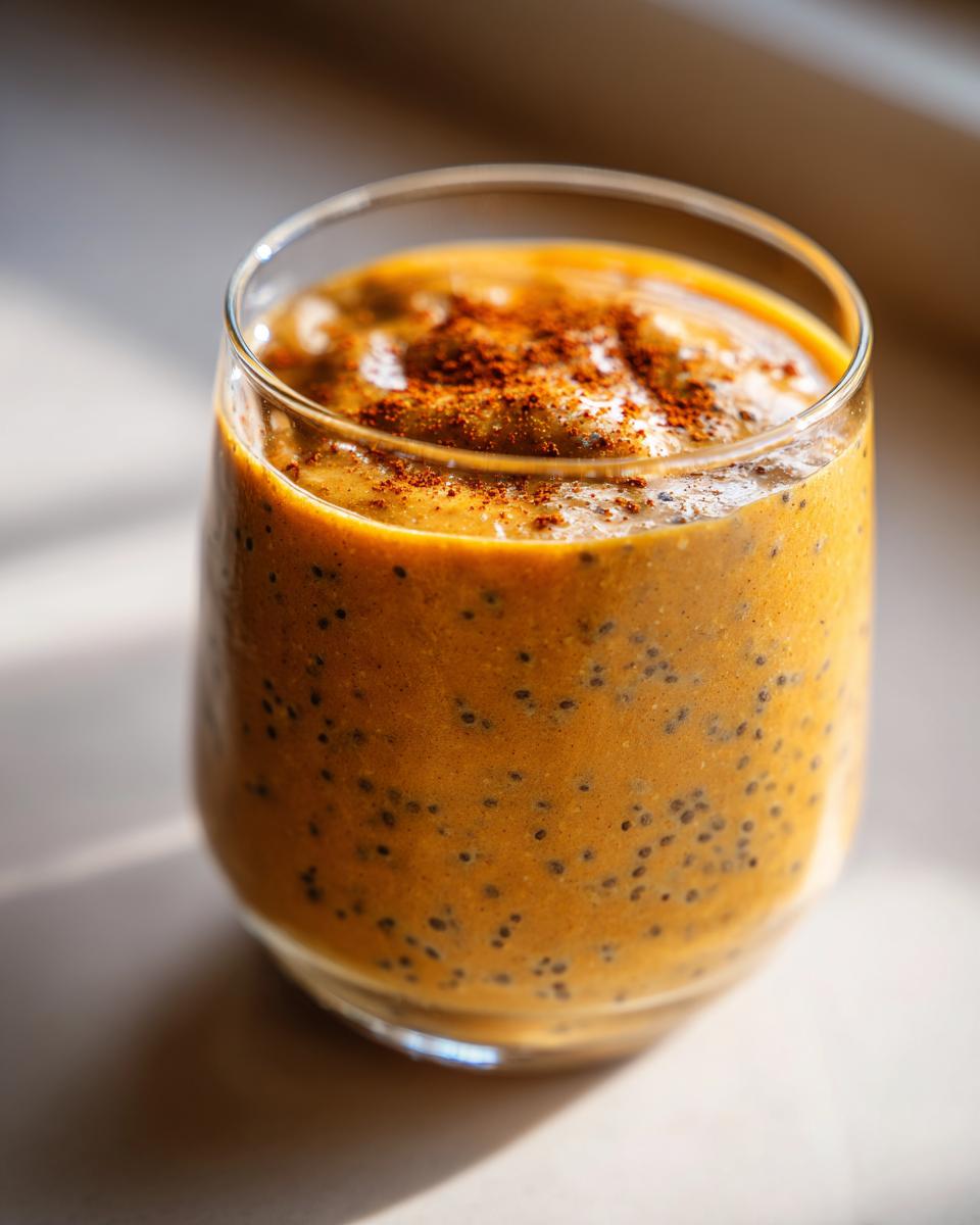 Close-up of pumpkin spice chia pudding snack in a clear glass with spice sprinkled on top.