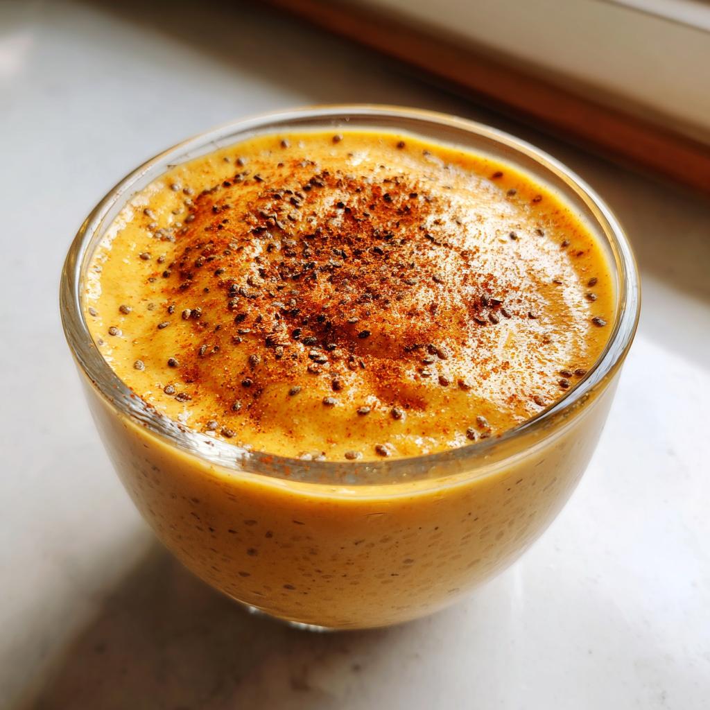 Glass filled with creamy pumpkin spice chia pudding snack topped with cinnamon and chia seeds.