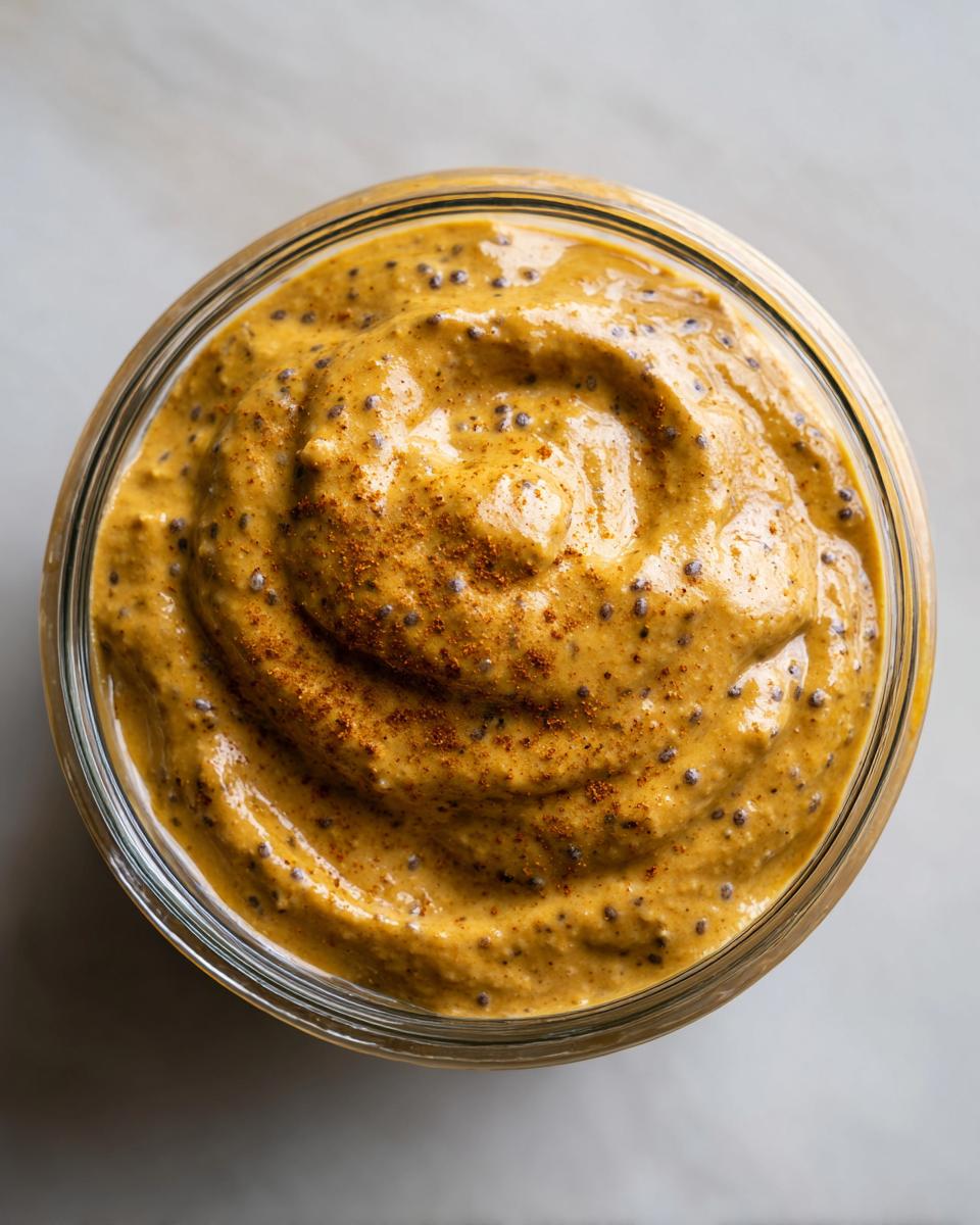 Close-up of creamy pumpkin spice chia pudding snack with visible chia seeds in a glass jar.
