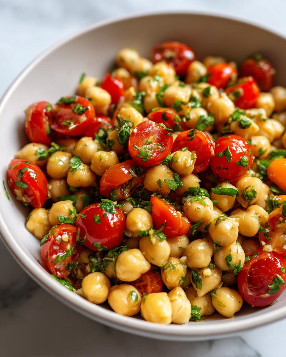Bowl of quick chickpea salad with tomatoes and herbs, showing chickpeas, cherry tomatoes, and chopped greens.