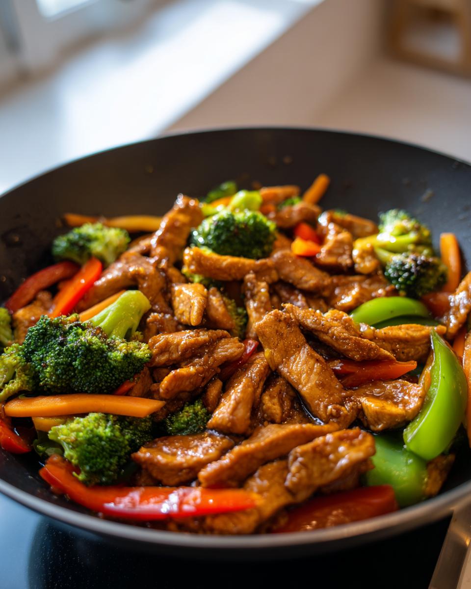 Stir-fry with broccoli, bell peppers, carrots, and meat in a pan for ramadan easy dinner recipes