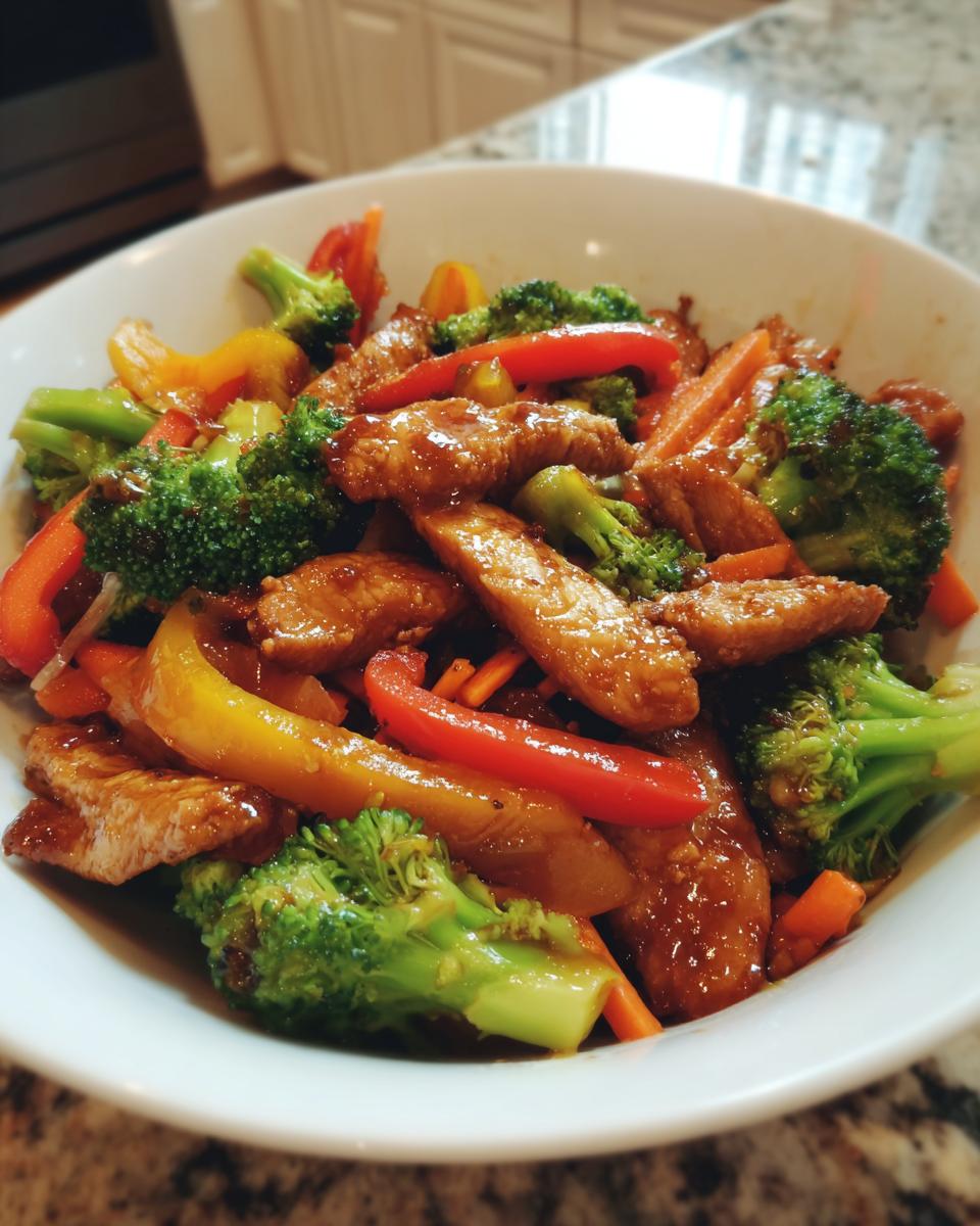Bowl of colorful stir-fry with broccoli, bell peppers, carrots, and glazed chicken pieces for ramadan easy dinner recipes.