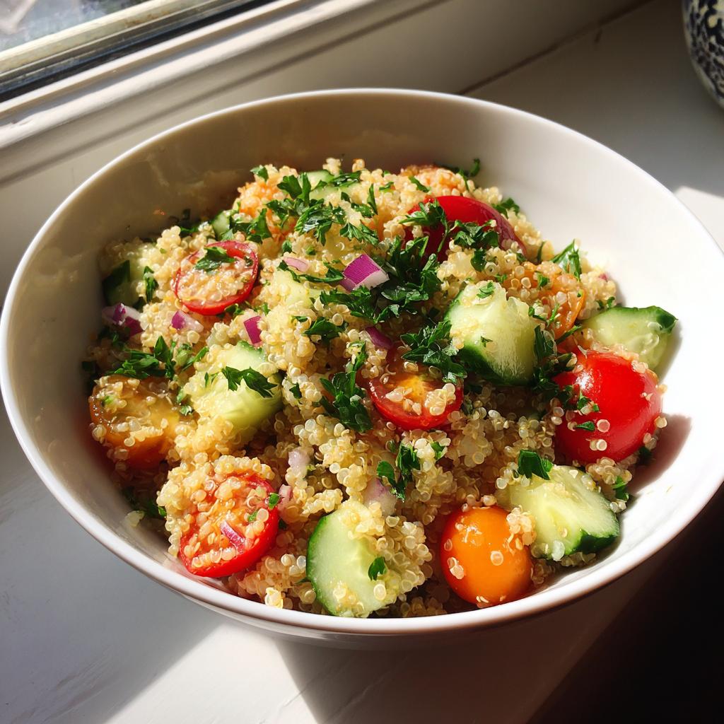 Bowl of quinoa salad with lemon dressing featuring cherry tomatoes, cucumber, red onion, and parsley.