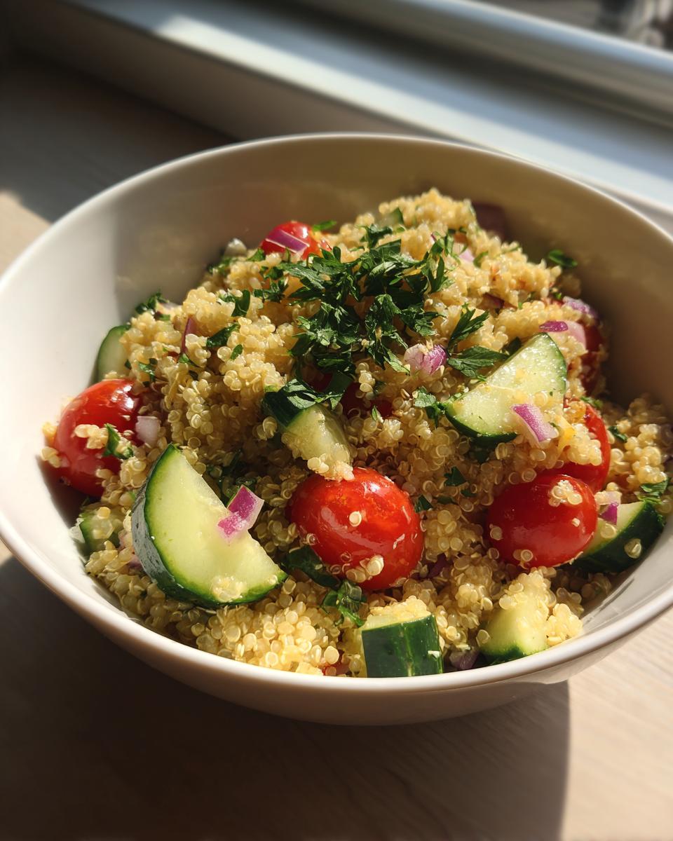 Bowl of quinoa salad with lemon dressing featuring cherry tomatoes, cucumber, red onion, and parsley.