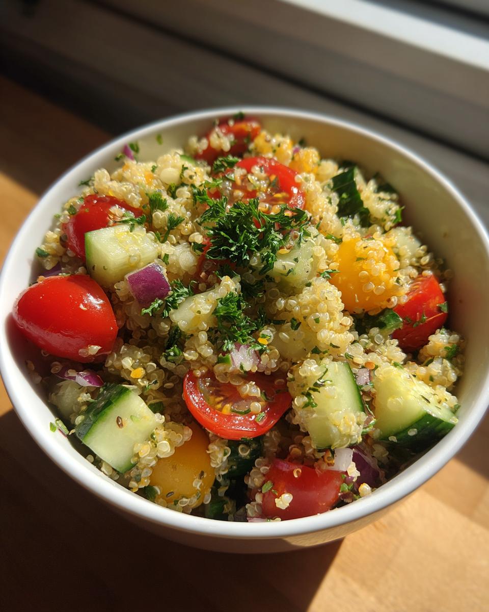 Colorful quinoa salad with lemon dressing featuring cherry tomatoes, cucumber, red onion, and parsley in a white bowl.