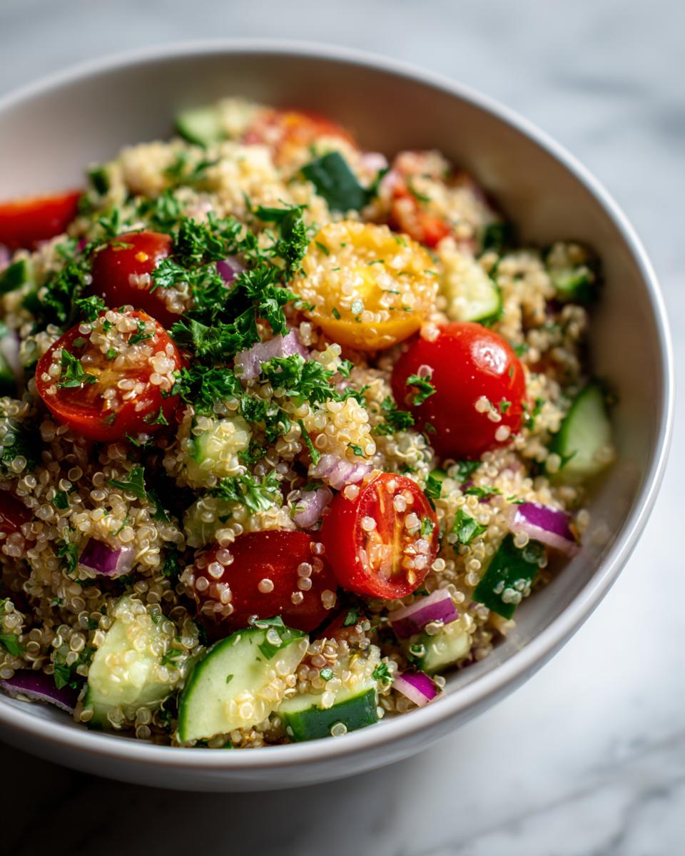 Close-up of quinoa salad with lemon dressing featuring cherry tomatoes, cucumber, red onion, and parsley.
