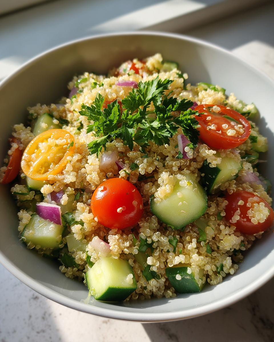 Bowl of quinoa salad with lemon dressing featuring cherry tomatoes, cucumber, red onion, and parsley