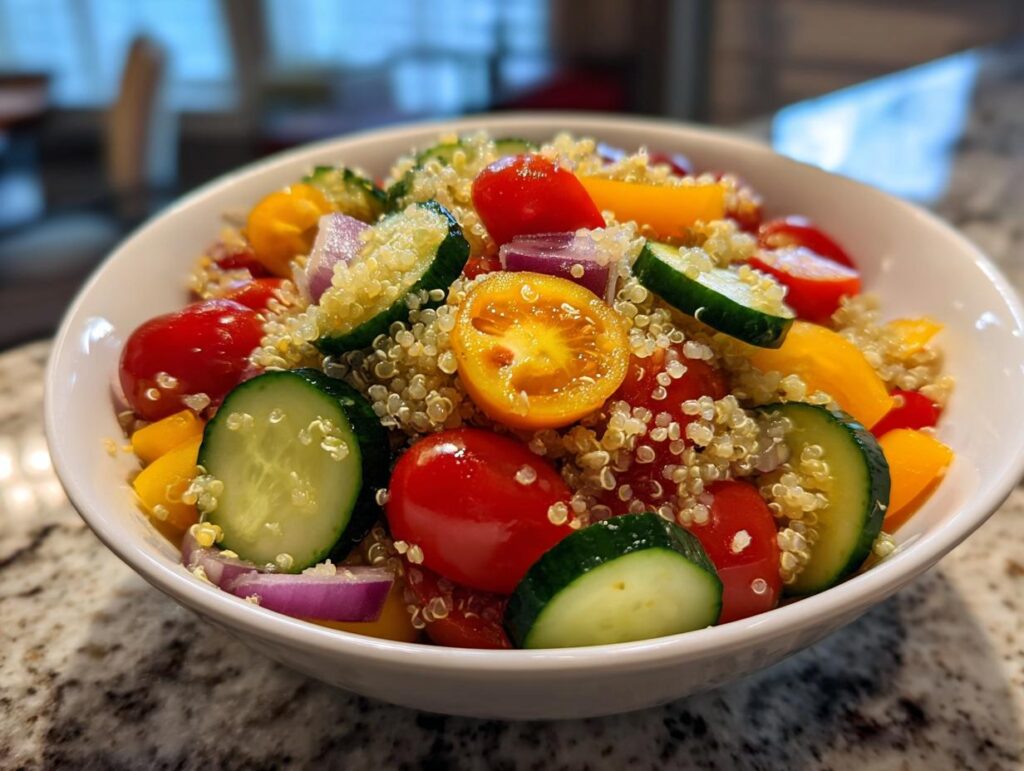 Bowl of quinoa and veggie bowl recipes with cherry tomatoes, cucumber slices, yellow bell peppers, and red onions.