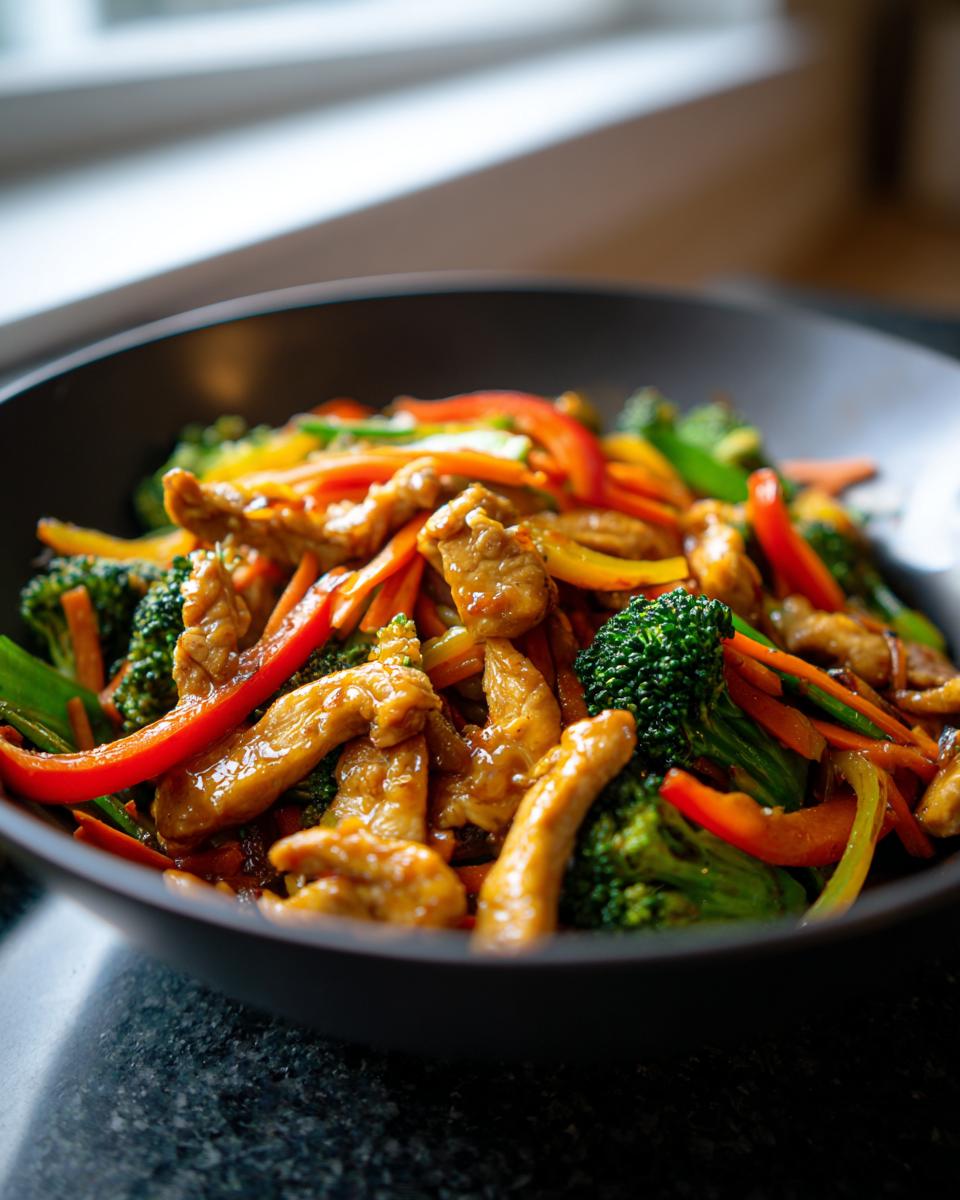 Stir fry with chicken, broccoli, red and yellow bell peppers, and carrots in a black bowl