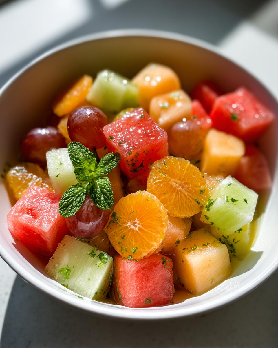 Bowl of colorful Ramadan fruit salad with mint and honey featuring watermelon, grapes, melon, and orange slices.