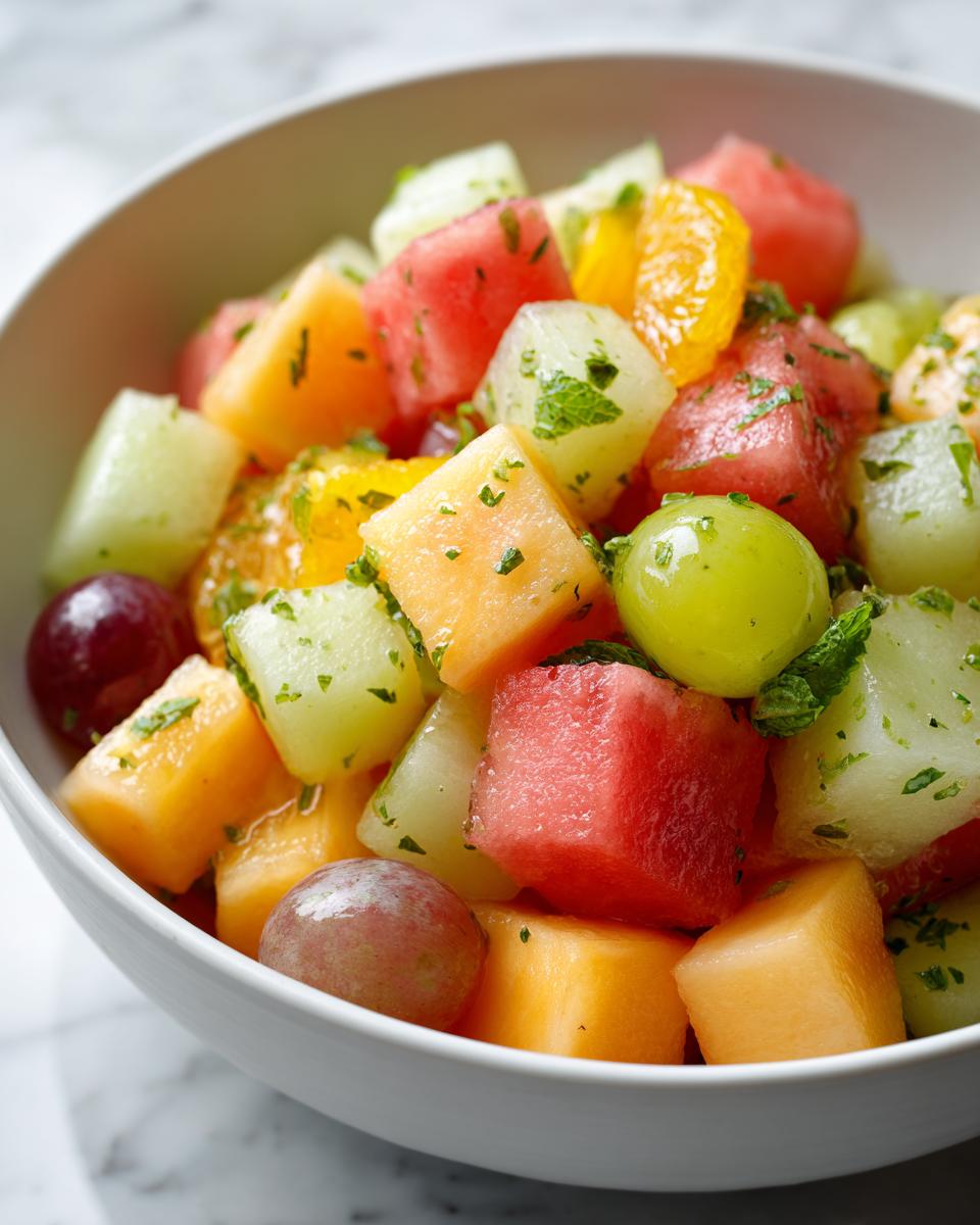 Colorful Ramadan fruit salad with mint and honey featuring melon, grapes, and citrus in a white bowl.