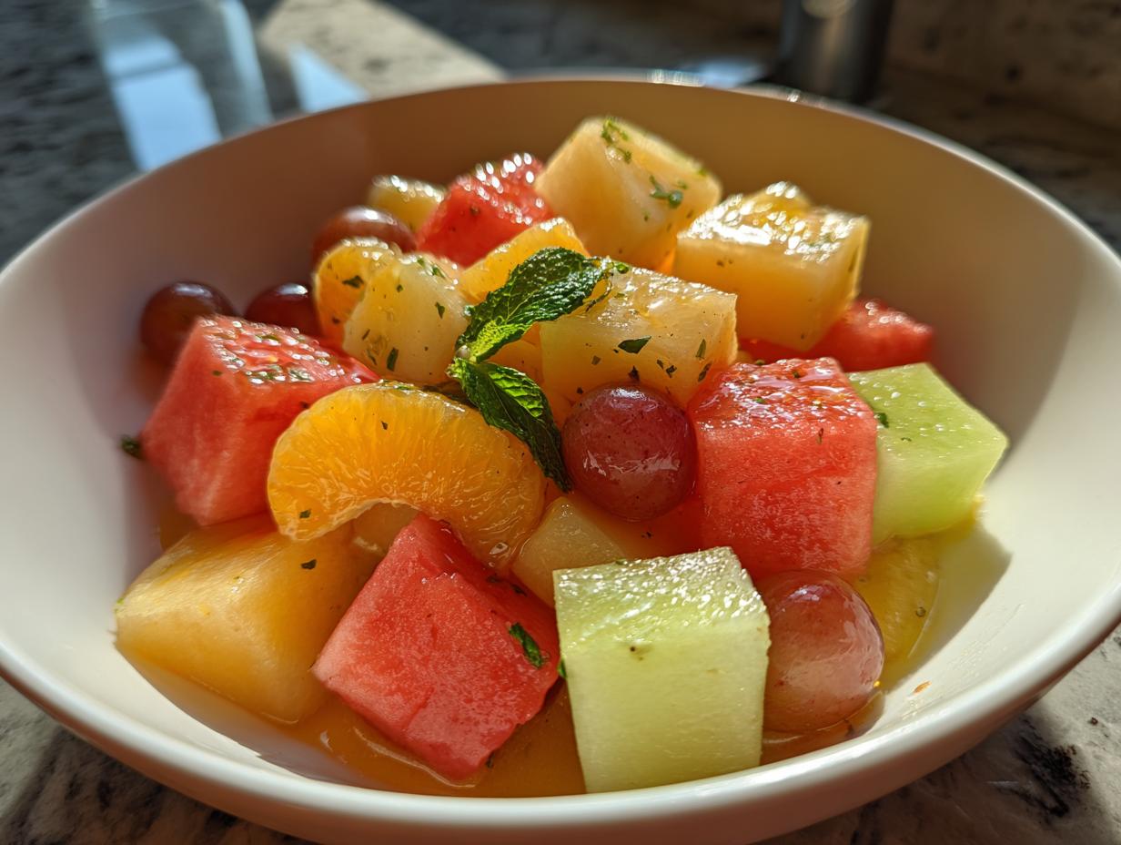 Bowl of colorful ramadan fruit salad with mint and honey featuring watermelon, grapes, melon, and orange slices.