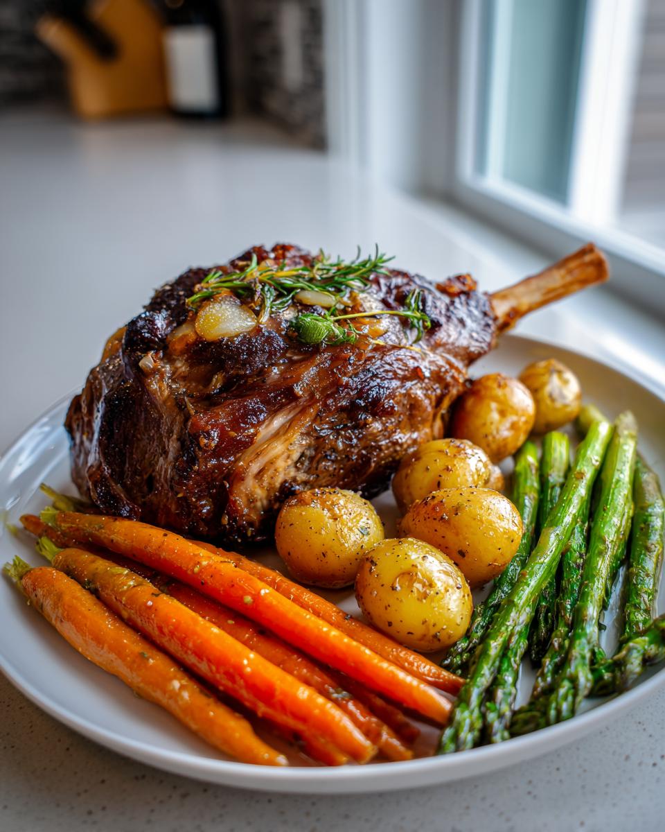 Plate with roast lamb, baby potatoes, carrots, and asparagus for easter dinner recipes