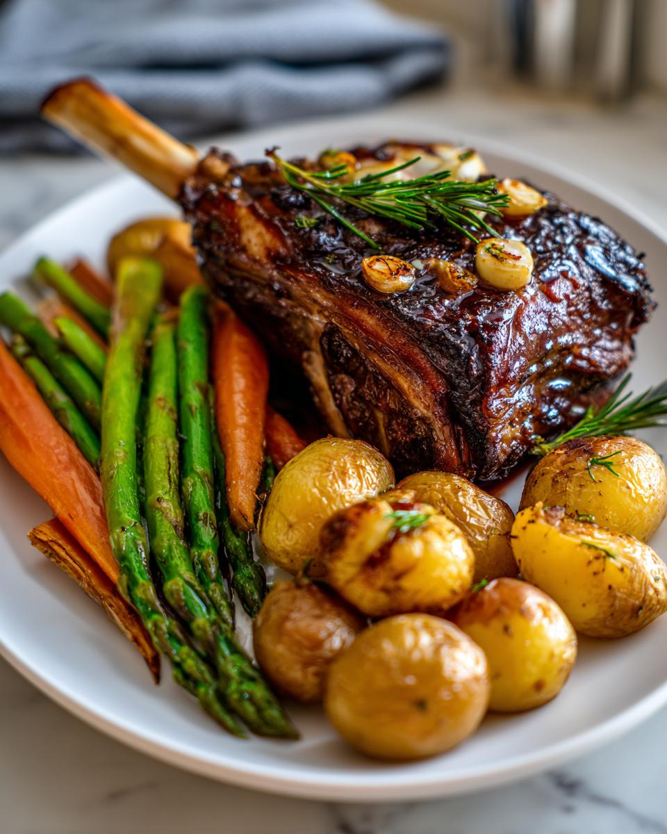 Roasted lamb chop with garlic and rosemary served with asparagus, carrots, and baby potatoes on a white plate.