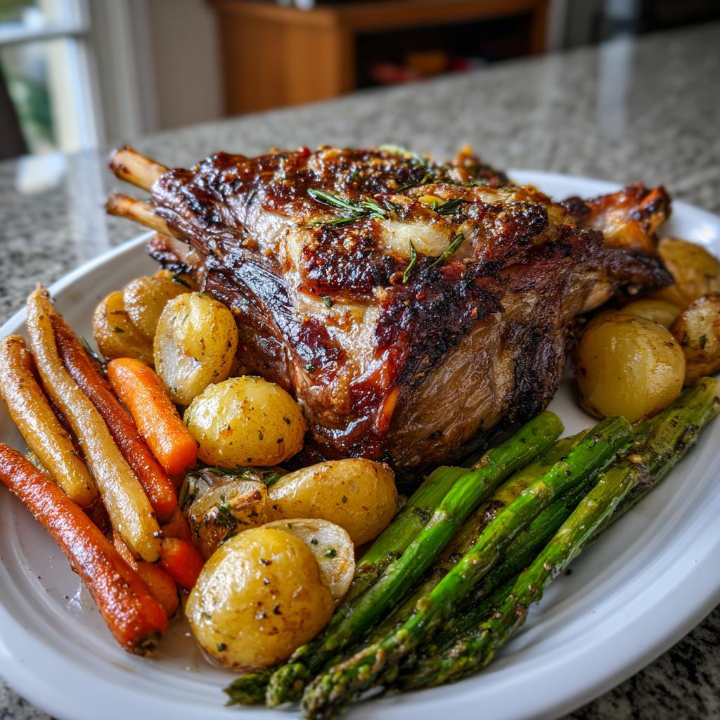 Plate with roasted lamb, baby potatoes, carrots, and asparagus for Easter dinner recipes