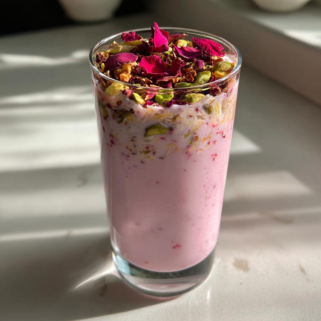 Glass of rose milk falooda style drink for iftar topped with rose petals and pistachios