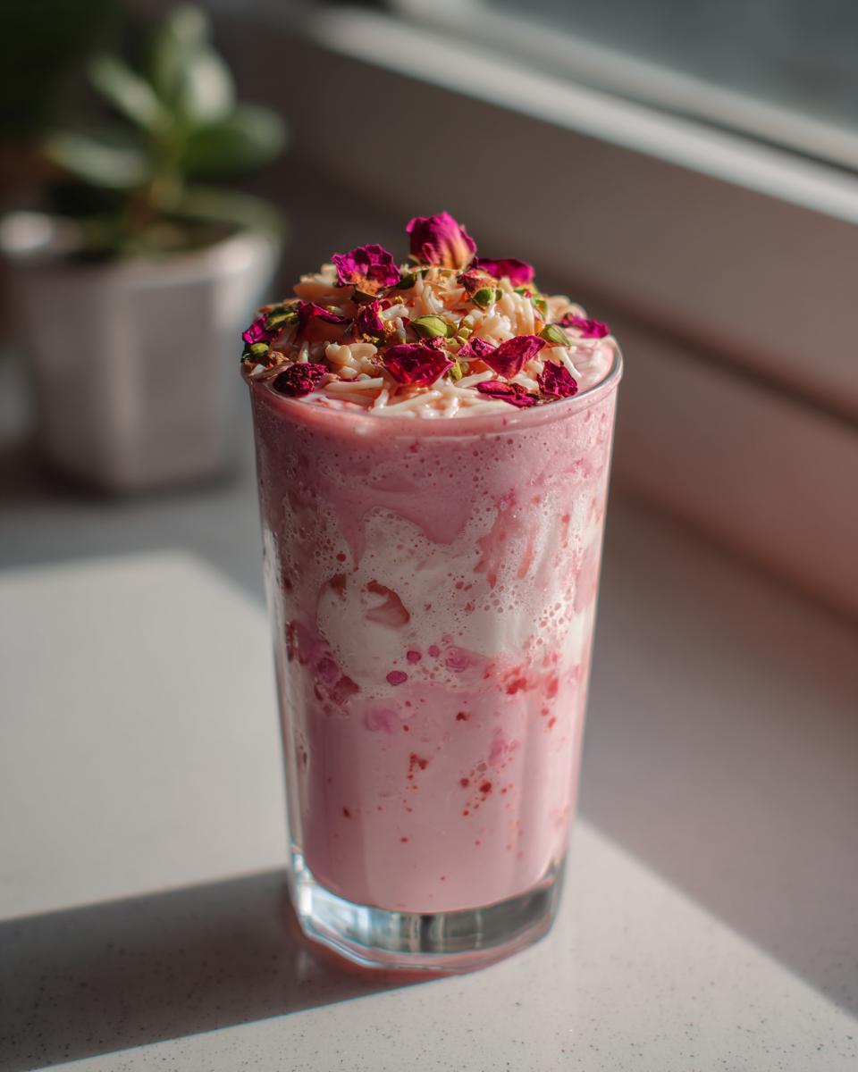 Glass of pink rose milk falooda style drink topped with rose petals and nuts for iftar