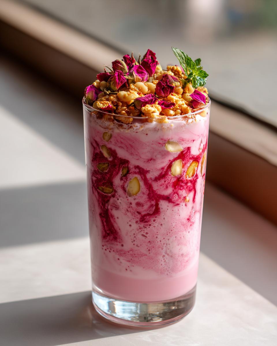 Glass of rose milk falooda style drink for iftar topped with nuts, rose petals, and mint leaf