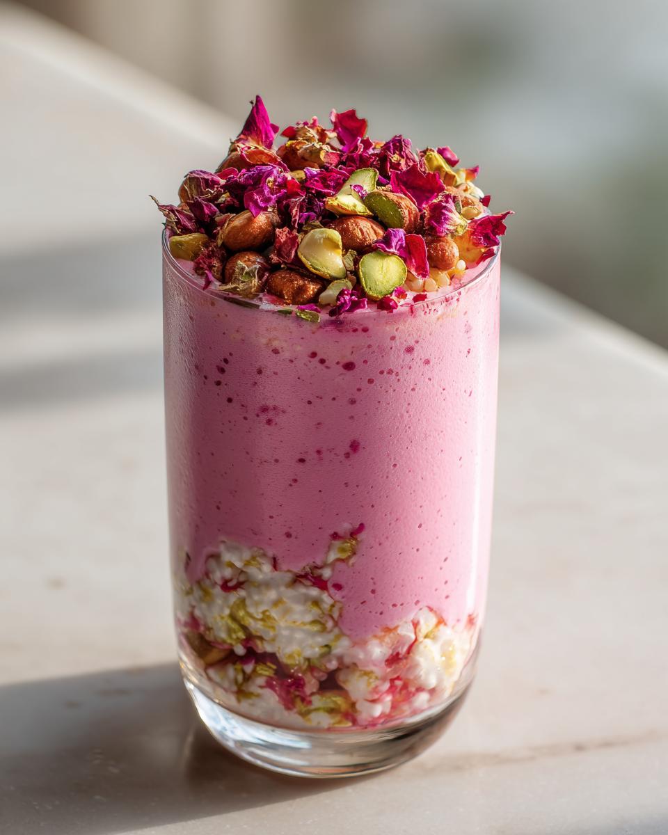 Glass of pink rose milk falooda style drink topped with nuts and rose petals