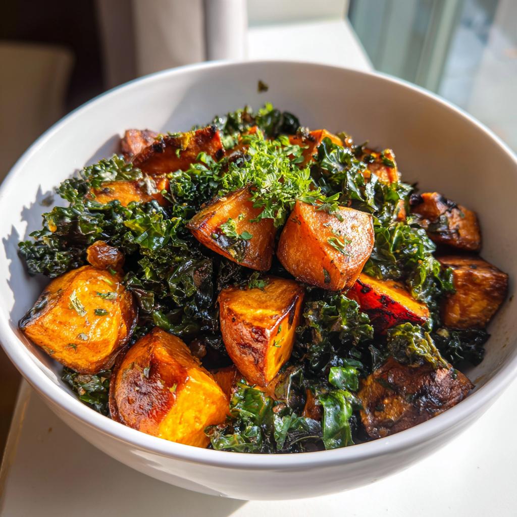 Bowl of salad with roasted sweet potatoes and kale garnished with fresh herbs