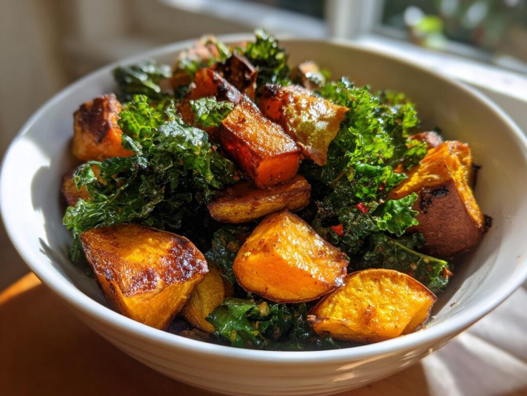 Bowl of salad with roasted sweet potatoes and kale in natural light