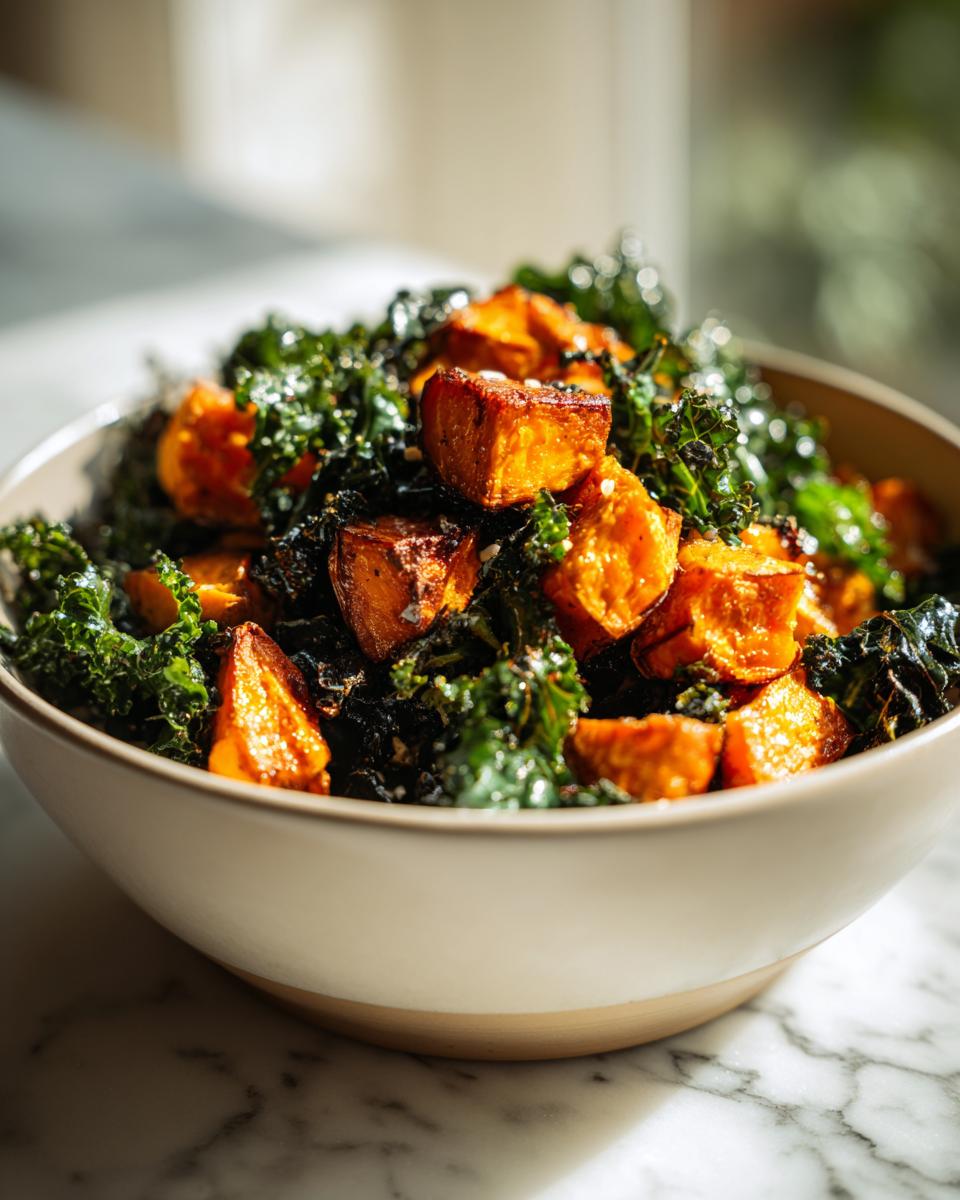 Close-up of salad with roasted sweet potatoes and kale in a white bowl on marble surface.