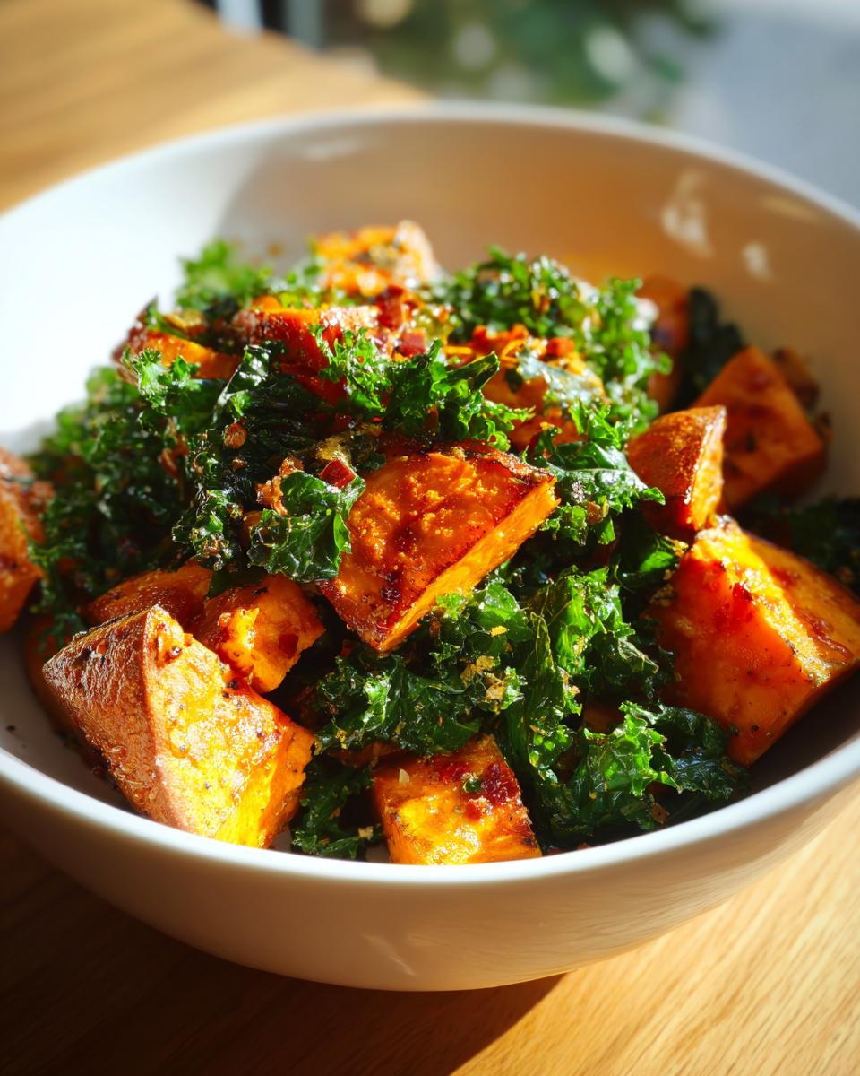 Bowl of salad with roasted sweet potatoes and kale in natural light