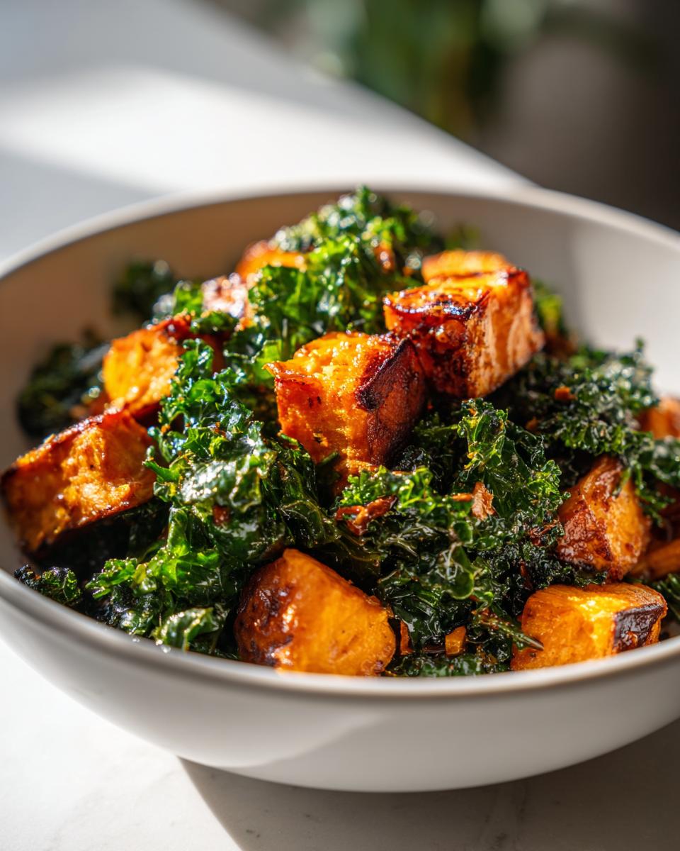 Bowl of salad with roasted sweet potatoes and kale, showing vibrant orange and green colors.