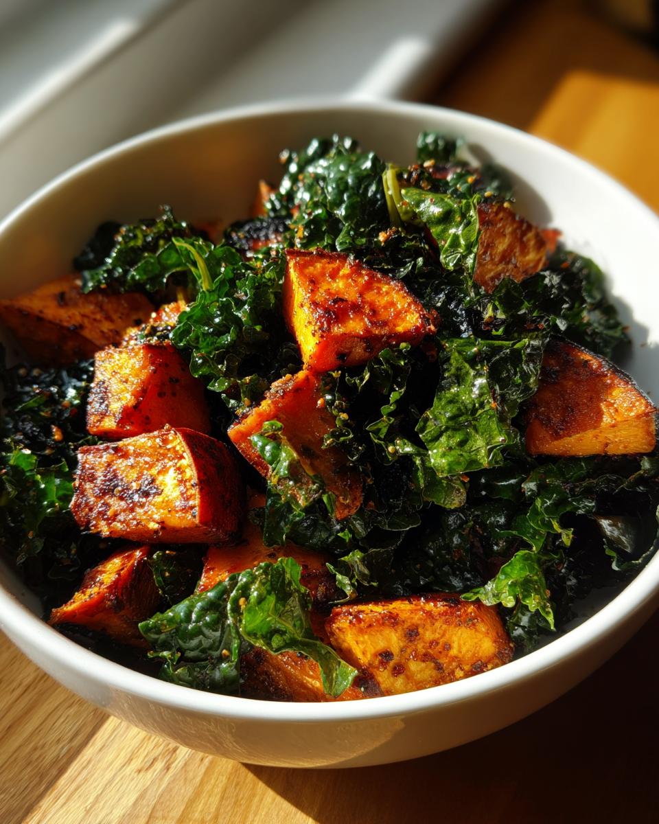 Bowl of salad with roasted sweet potatoes and kale, seasoned and well mixed.