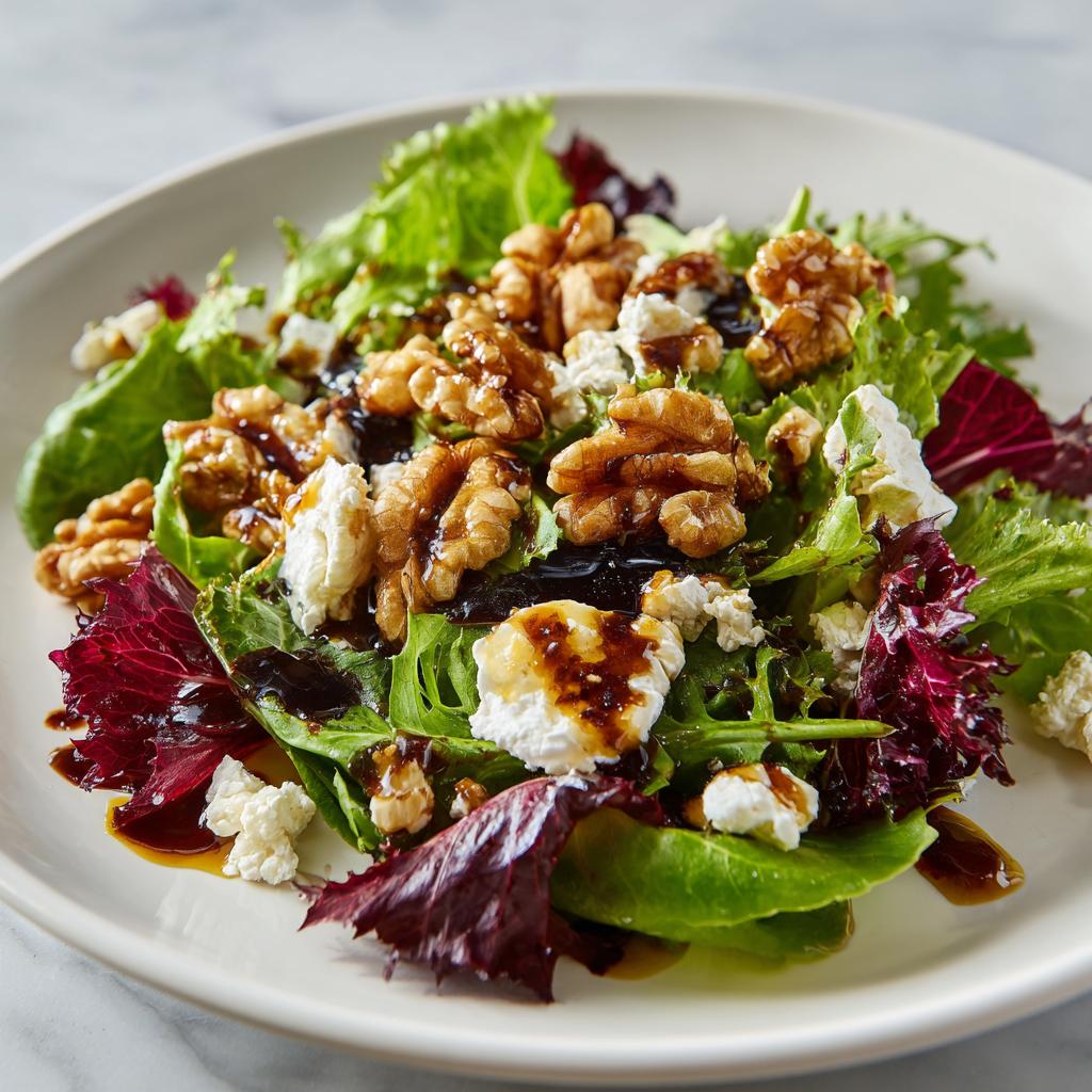 Plate of salad with goat cheese and walnuts drizzled with balsamic glaze on mixed greens.