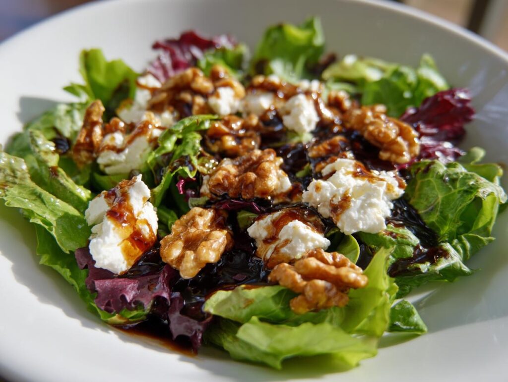 Salad with goat cheese and walnuts drizzled with balsamic glaze on mixed greens.