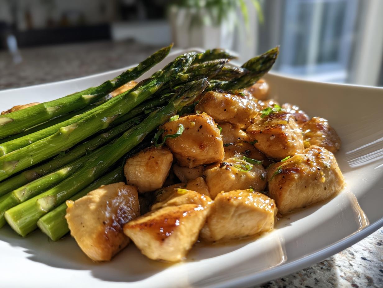 Sautéed spring chicken pieces served with fresh asparagus on a white plate.