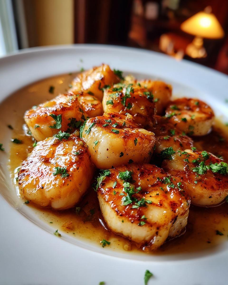 Close-up of seared scallops garnished with herbs in a buttery sauce on a white plate.