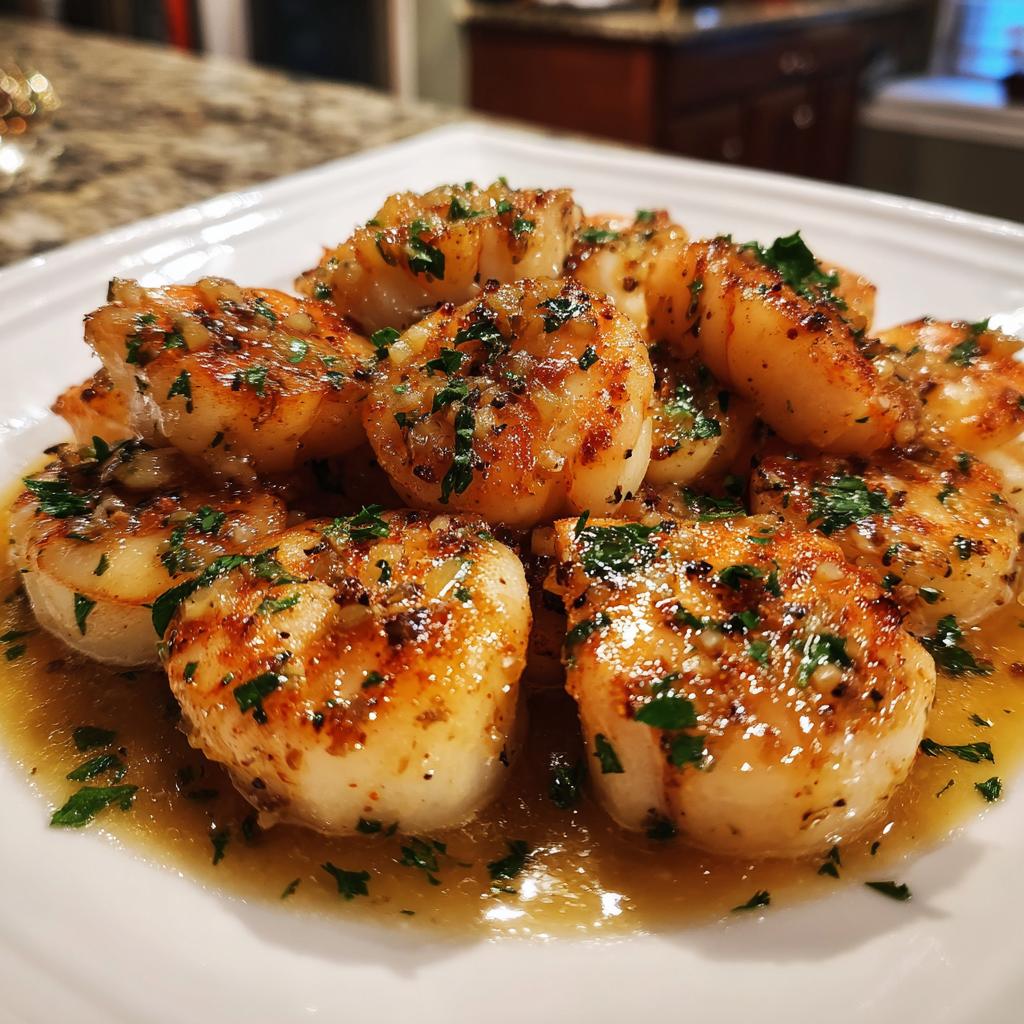 Close-up of seared scallops garnished with herbs and sauce for seafood dinner at home for valentines