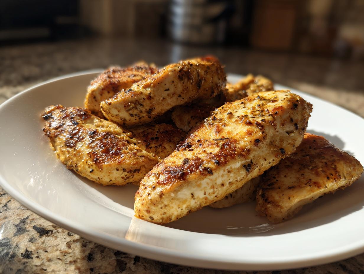 Plate of seasoned, cooked chicken breast pieces for simple air fryer dinner recipes