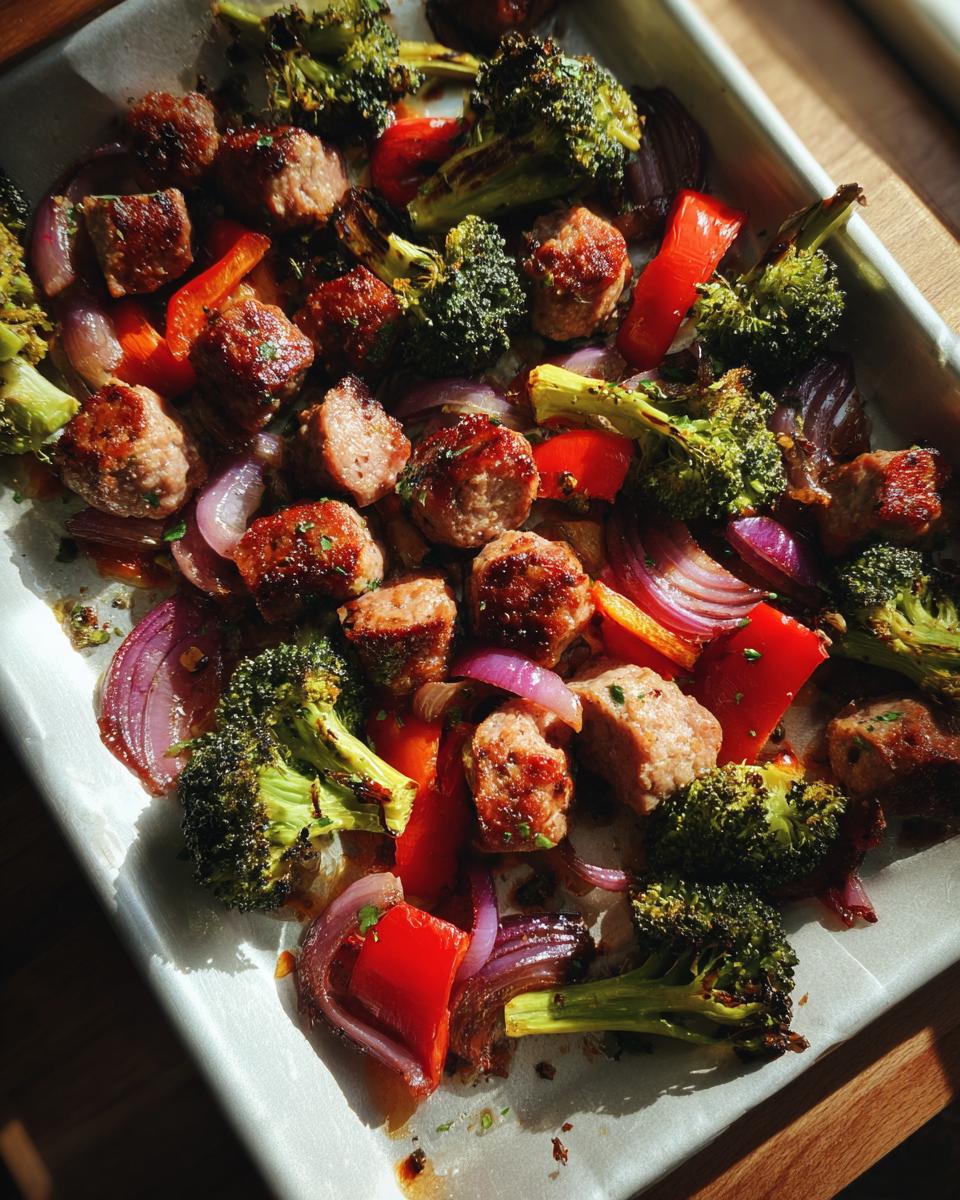 Sheet pan sausage and veggie dinner with browned sausage pieces, broccoli, red bell peppers, and red onions.