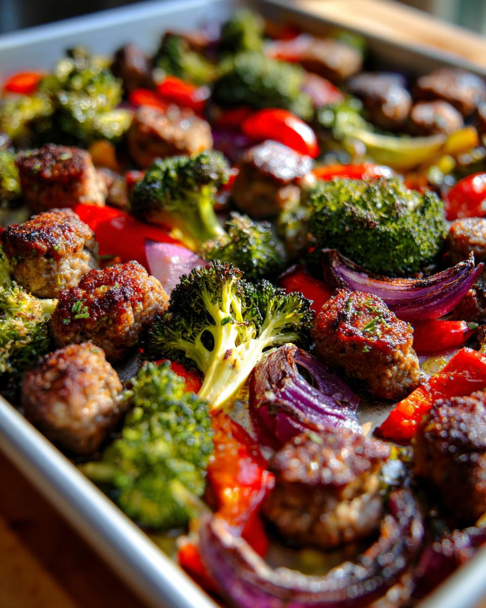 Close-up of sheet pan sausage and veggie dinner with browned sausage, broccoli, red onion, and red bell pepper.