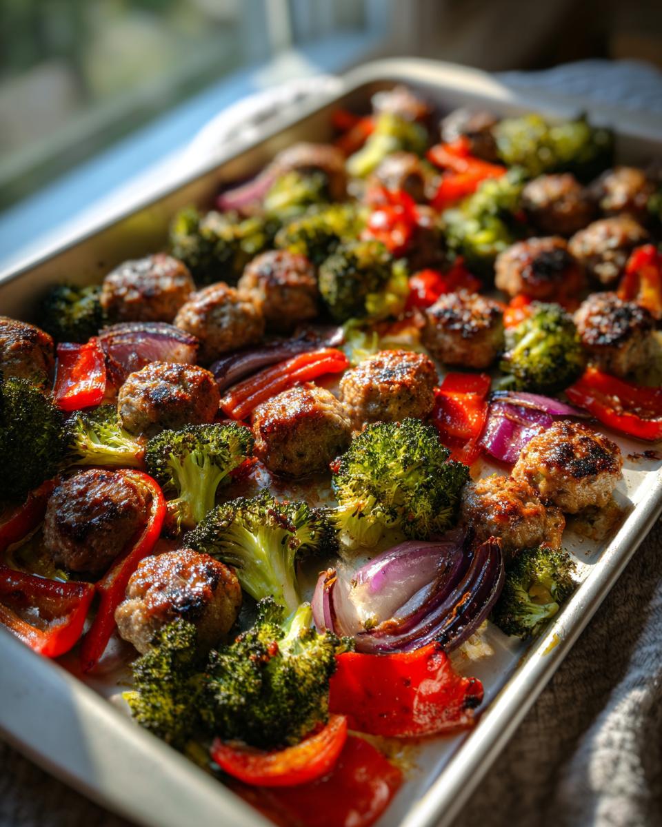 Sheet pan sausage and veggie dinner with browned sausage pieces, broccoli, red bell peppers, and red onions.