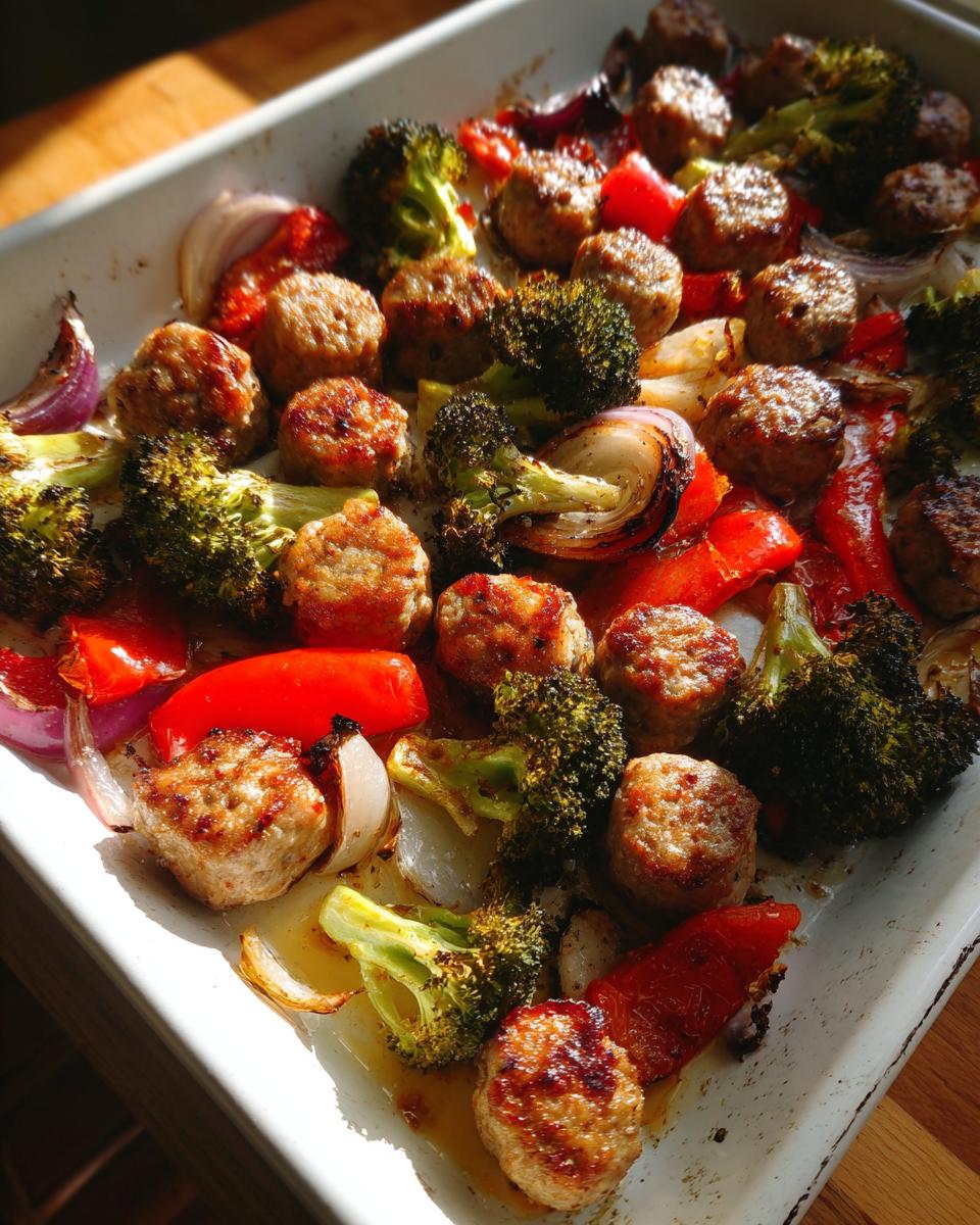 Sheet pan sausage and veggie dinner with browned sausage pieces, broccoli, red peppers, and onions.