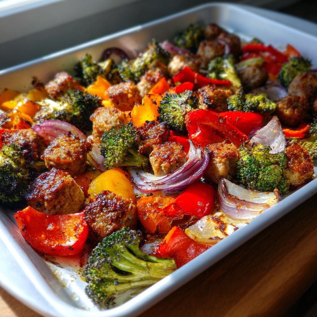 Sheet pan sausage and veggie dinner with roasted broccoli, bell peppers, onions, and sausage pieces.
