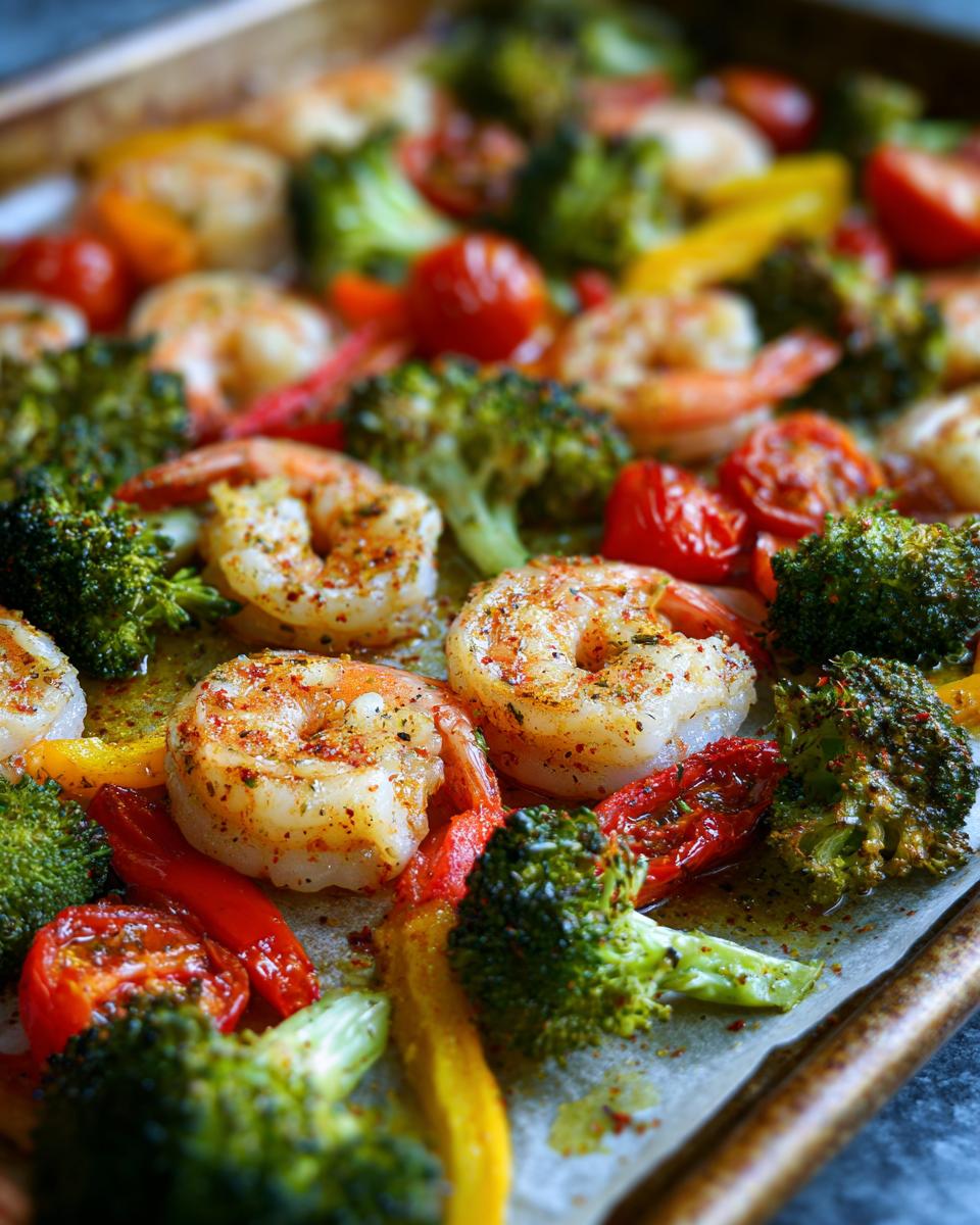 Close-up of seasoned sheet pan shrimp and veggies including broccoli, cherry tomatoes, and bell peppers.