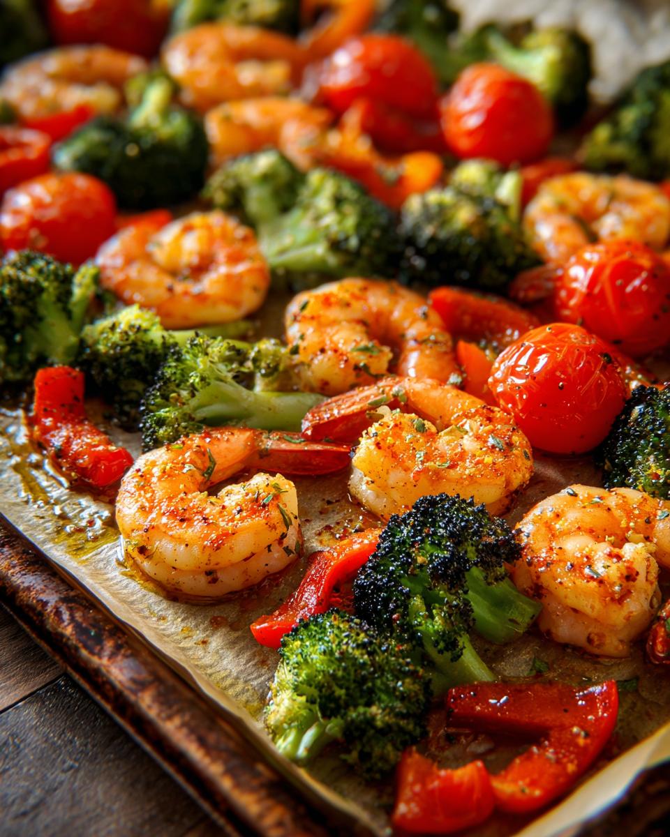 Close-up of sheet pan shrimp and veggies with broccoli, cherry tomatoes, and red bell peppers.