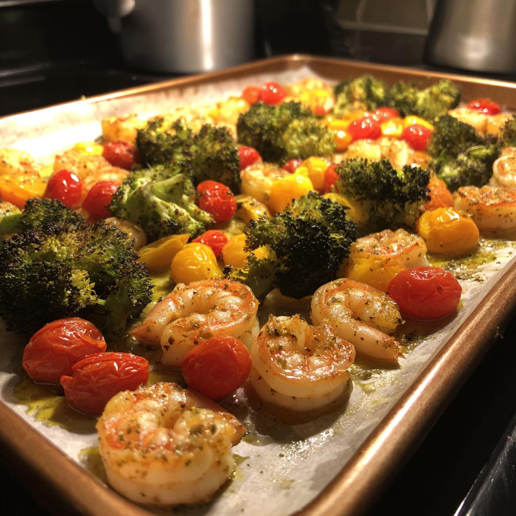 Cooked sheet pan shrimp and veggies with broccoli and cherry tomatoes on parchment paper