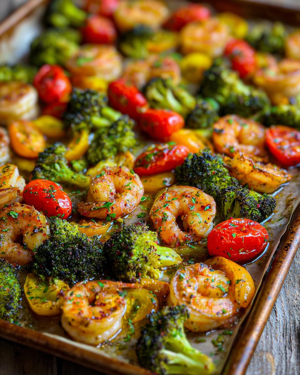 Close-up of sheet pan shrimp and veggies with broccoli, cherry tomatoes, and herbs.