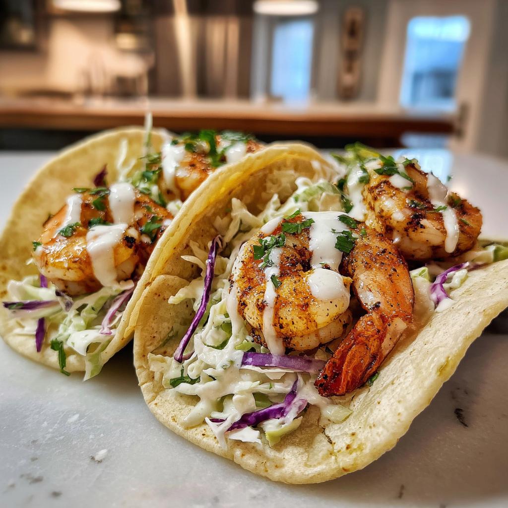 Close-up of shrimp tacos with cabbage slaw and lime crema on soft tortillas garnished with cilantro.