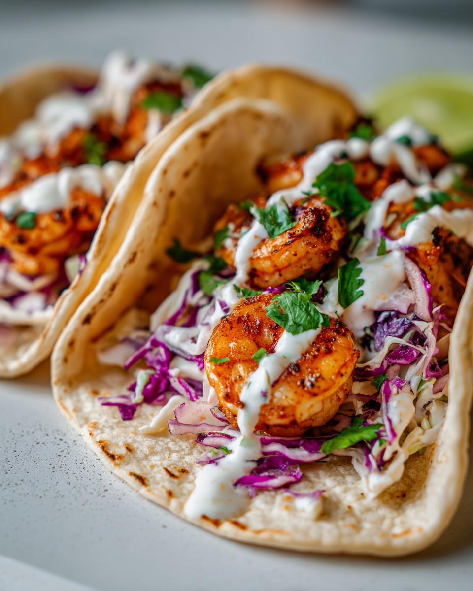 Close-up of shrimp tacos with cabbage slaw and lime crema drizzled on top in soft tortillas.